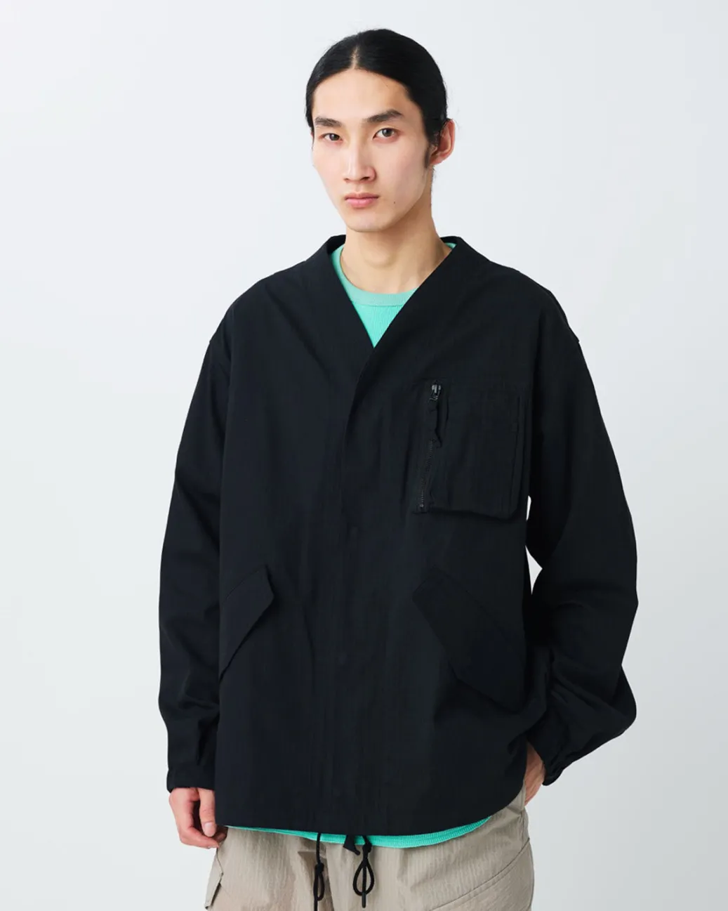 TAKIBI Herringbone Collarless Jacket